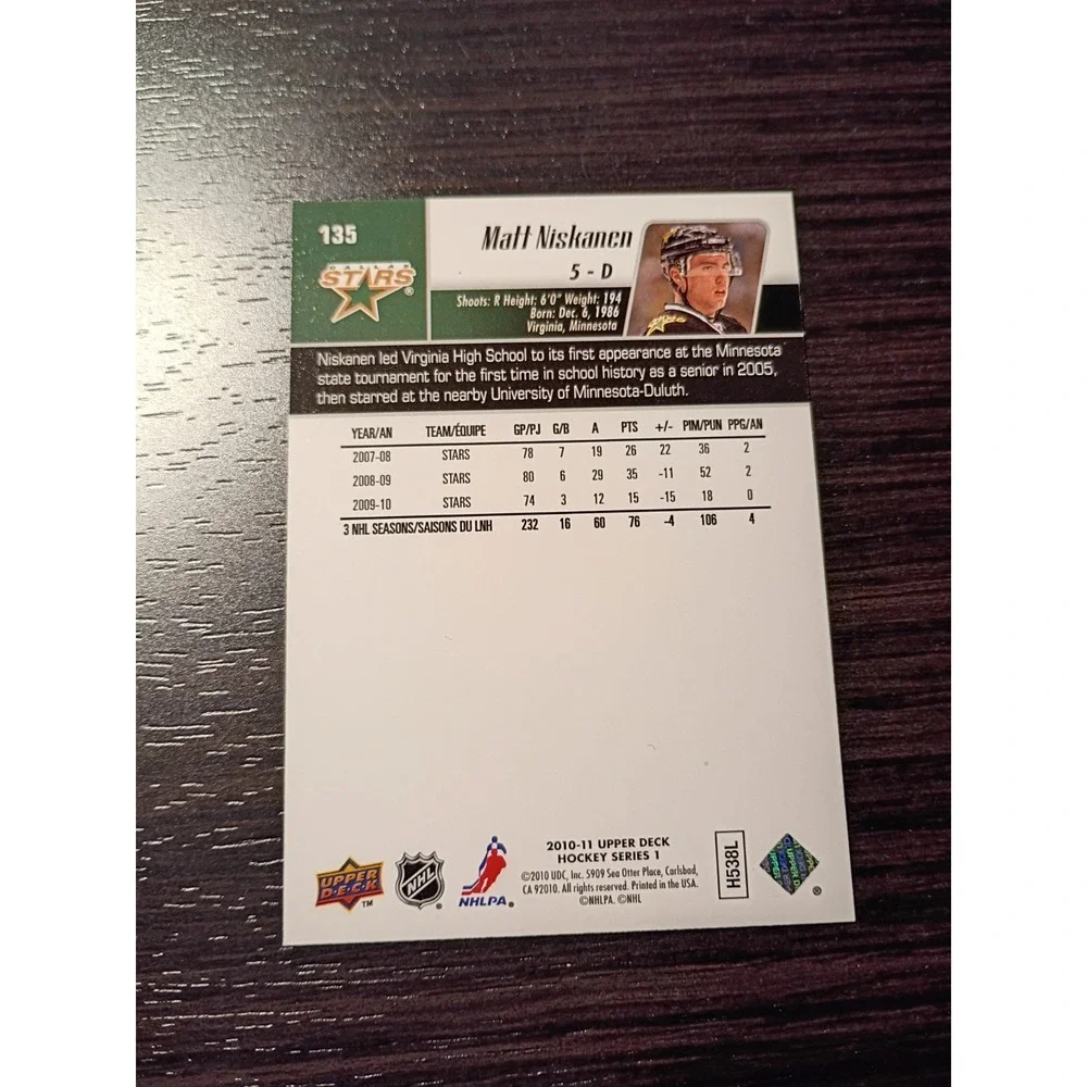 2010-2011 Upper Deck Hockey Series 1 Dallas Stars Matt Niskanen Hockey Card #135